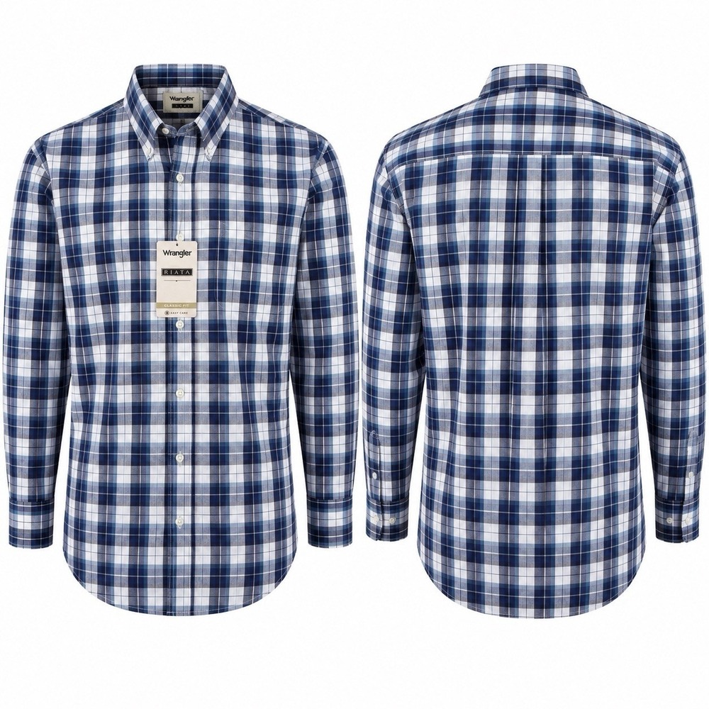 NEW Wrangler Riata Mens Large Blue Plaid Button Down Shirt Classic Fit MR2123A